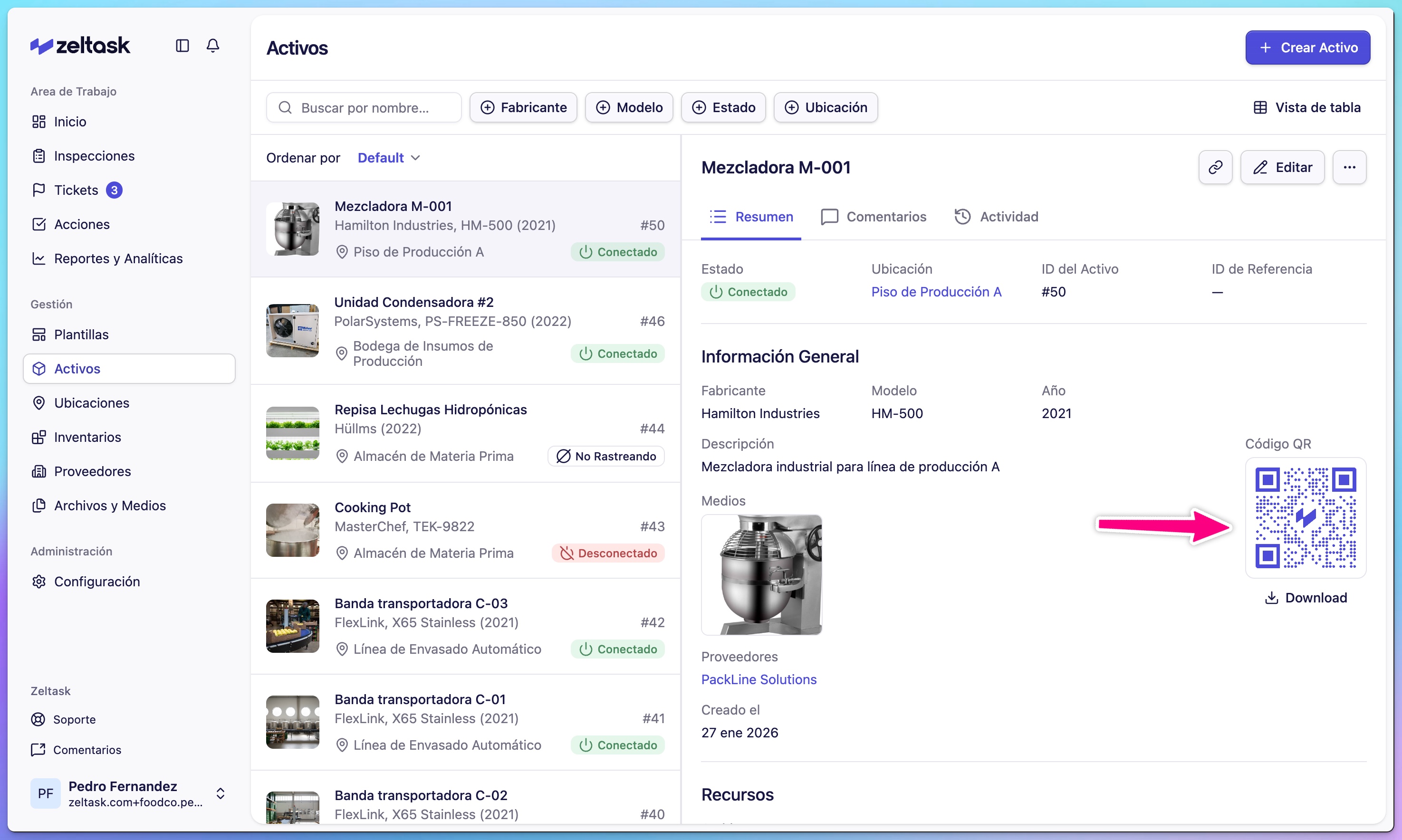 QR code quick-action menu for an asset